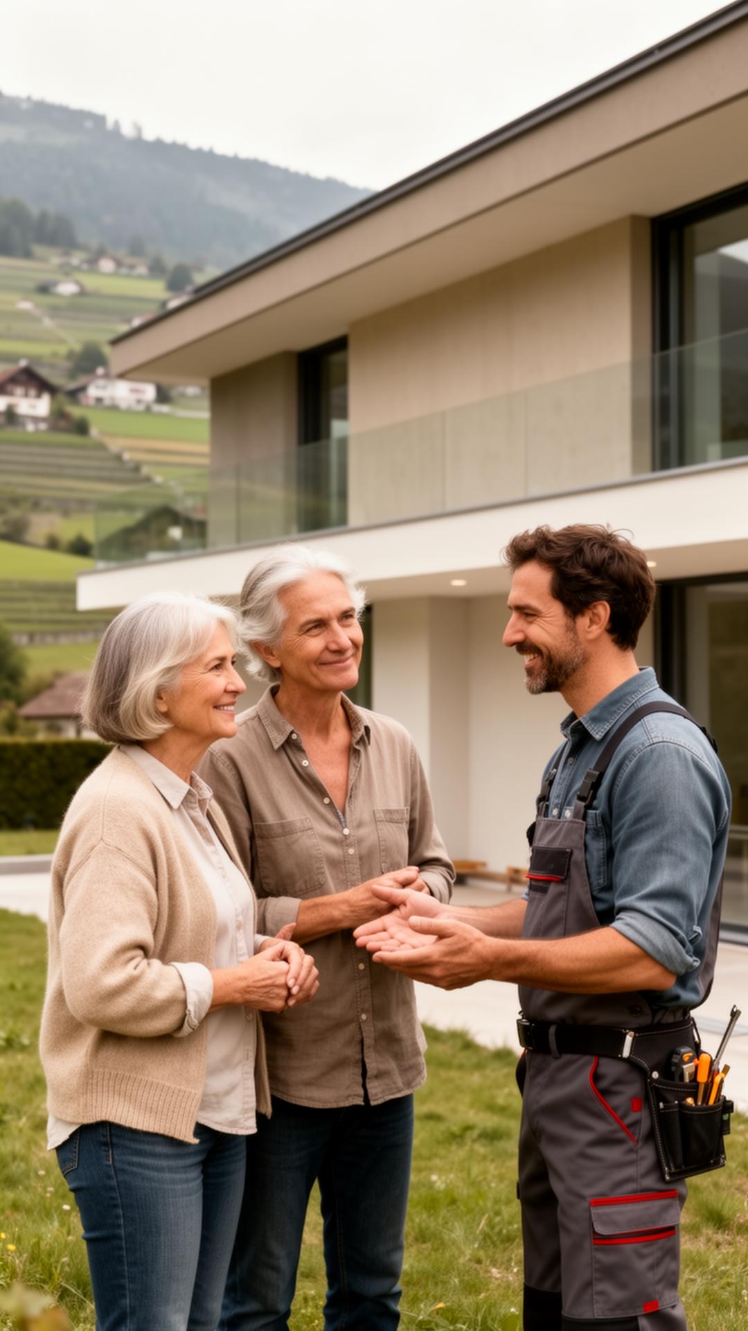 Couple de propriétaires devant leur maison rénovée